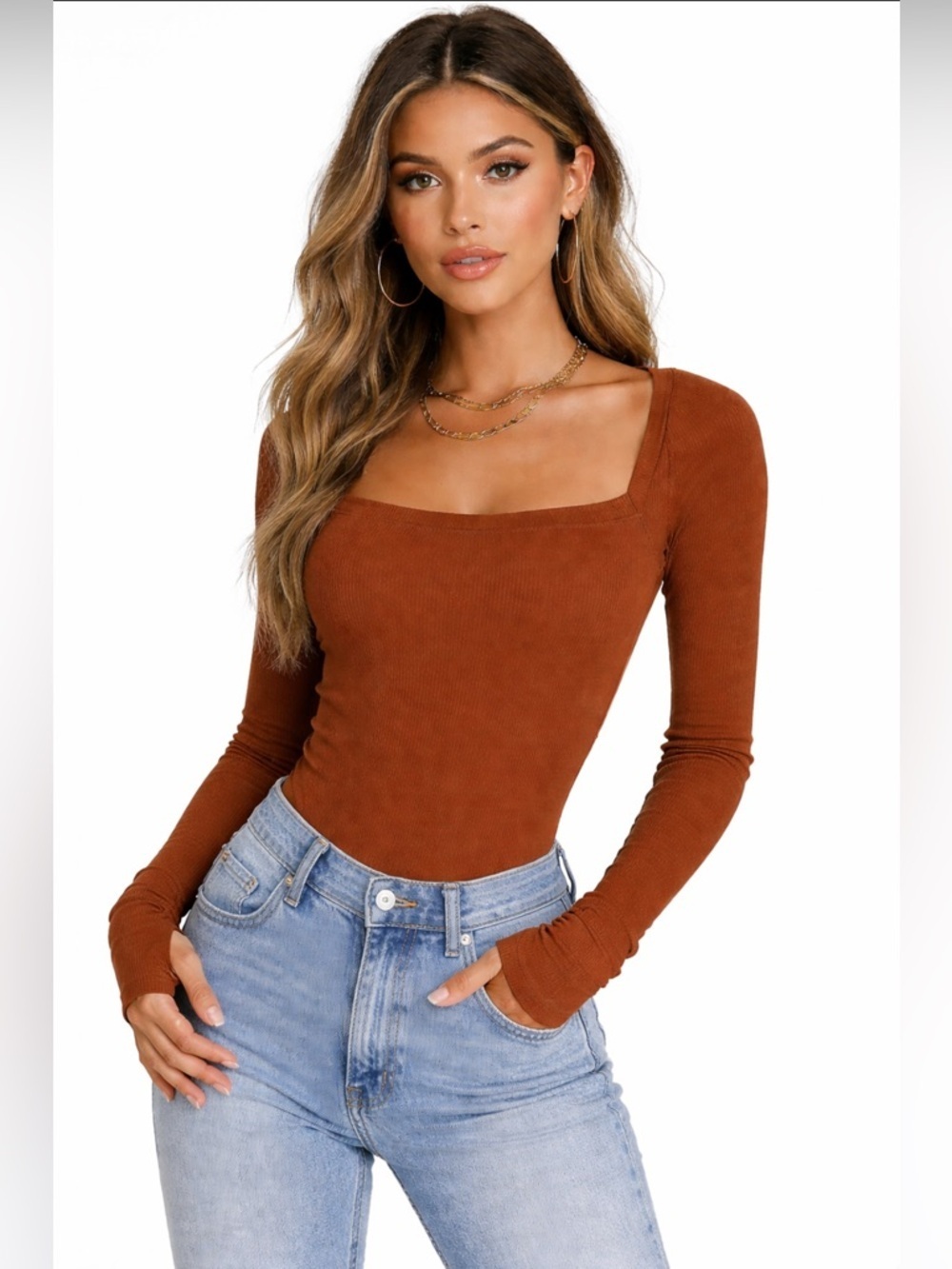 Alix Nyc Womens Brown Square Neck Long Sleeve Bodysuit Size S Lounge Basic Soft
